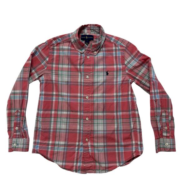 RALPH LAUREN Pink Blue White Plaid Poplin Long Sleeve Shirt Size 7 Boys Cotton - Picture 1 of 4